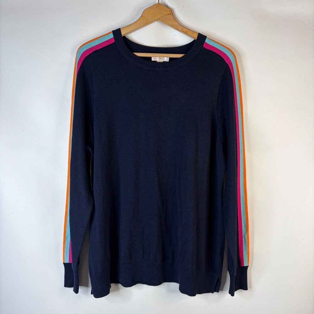 Belle by Kim Gravel Sweater Women XL Navy Blue Rainbow Stripe Sleeve Pullover